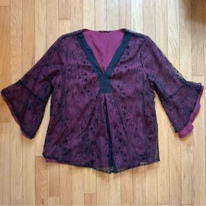 Burgundy Black Lace Flare Sleeve Witchy Dark Fairy Whimsy Goth Size 10 V-Neck
